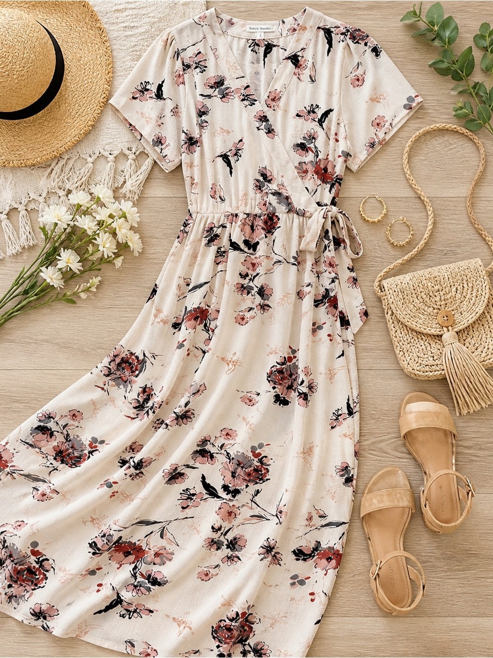 Stevie Hender Floral Wrap Maxi Dress Cream Pink Tie Waist Small